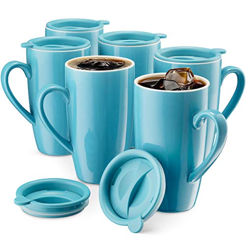 MITBAK 6-Pack Ceramic Coffee Mug Set with Lids (16-Ounce) | Large Blue Tumbler Mugs Great for Taking Your Coffee & Tea To-Go | Large Insulated Mug Set Excellent Choice for Camping, Travel & Office