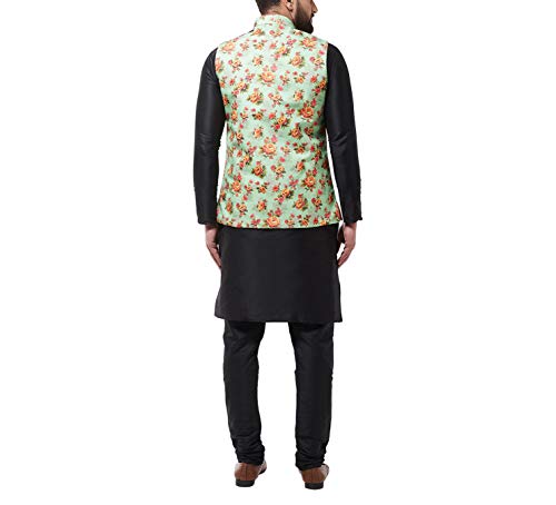 Image of SOJANYA (Since 1958 Men's Silk Blend Black Kurta Pyjama & Printed Nehrujacket Combo