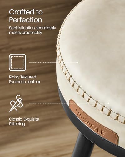 VASAGLE EKHO Collection - Bar Stools Set of 2, Swivel Bar Height Bar Stools with Back, Synthetic Leather with Stitching, Mid-Century Modern, 30-Inch Tall Barstools for Kitchen Home Bar, Cream White
