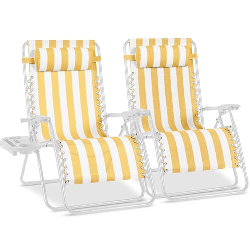 Best Choice Products Set of 2 Extra Wide Adjustable Steel Mesh Zero Gravity Lounge Chair Recliners w/Pillows and Cup Holder Trays - Marigold Stripes/White