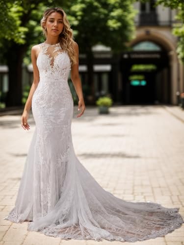 Sheath/Column Elegant Scoop Neck Court Train Wedding Dresses Romance Sleeveless Bridal Gown Lace Appliques 20242