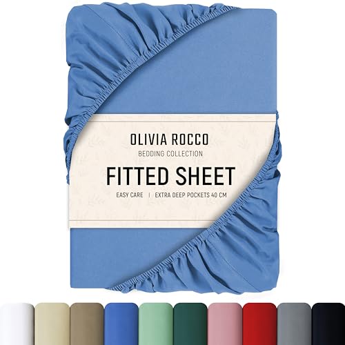 Olivia Rocco Fitted Sheet Extra Deep Pocket 16 inch (40 cm) Soft Brushed Microfibre Fabric Shrink & Fade Resistant Easy Care Bottom Sheets Single Blue