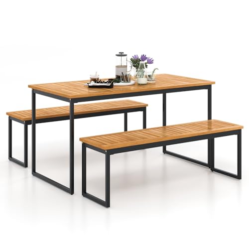 Tangkula 3 Pieces Outdoor Dining Set for 6 People, 55 inch Rectangle Patio Table & 2 Benches with Acacia Wood Tabletop, Metal Frame & Umbrella Hole, Dining Furniture for Yard, Garden, Poolside