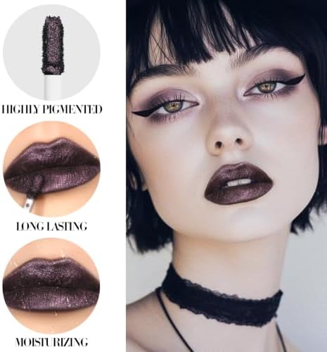 Goth Black Purple Shimmer Lipstick, High Coverage Matte Velvet Dark Base with Lavender Pink Sparkle Lip Tint Stian, Long-Lasting Non-Sticky Buildable Deep Lip Mud for Daily & Halloween Cosplay, Vegan - 4
