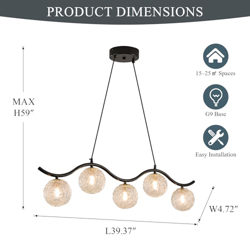 Brilaria Modern Linear Globe Chandelier Black 5-Lights Dining Room Chandeliers Over Table Mid Century Linear Chandelier Adjustable Height Clear Glass Globe Pendant Light for Farmhouse Kitchen Island by Brilaria - Image 7