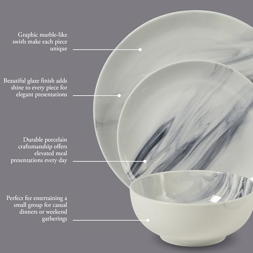 Image of Gibson Home Cloudlight 12 Piece Plates and Bowls Dishes Blue and White - Decorated Porcelain Ceramic Dinnerware Set - Service for 4