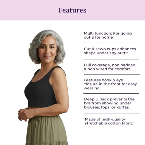Image of ADIRA | Front Open Bra for Elderly Women | Non Padded & Non Wired | Bra for Elderly Women | Full Coverage with Front Hook | U-Back | Stretchable Cotton Fabric | Pack of 1