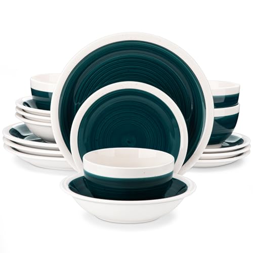 vancasso Ori 16 Piece Stoneware Dinner Set Hand Painted Stoneware Dinner Set for 4 with Plates, Dessert Plates, Pasta Bowls, Cereal Bowls, Rustic Chic Style Green