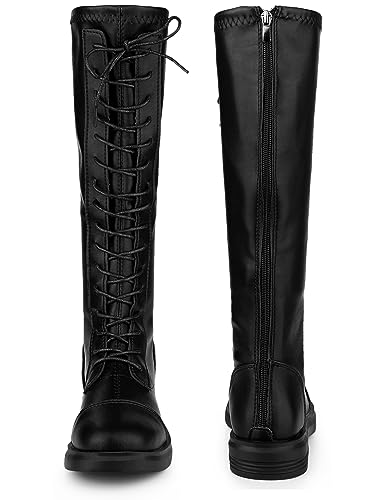 Allegra K Women's Lace Up Round Toe Lug Sole Boots Flat Low Heel Knee High Boots4