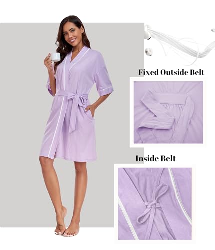 Image of ANLIQI Womens 100% Cotton Robes Lightweight Summer Short Sleeve Lady Bathrobe Knee Length Kimono Robe Sleepwear with Pockets