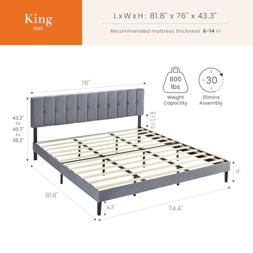 Sweetcrispy King Size Bed Frame - Fabric Upholstered Platform Bed with Headboard, 800LBS Sturdy Wooden Slats Support, No Box Spring Needed, Noise Free, Easy Assembly, Grey