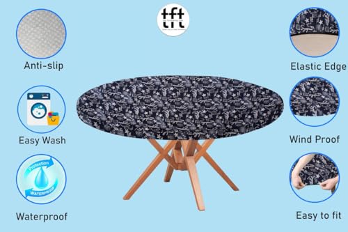 Image of The Furnishing Tree Round Elastic Fitted Dining Table Cover WxL 36x36 Inches Self Pattern Blue