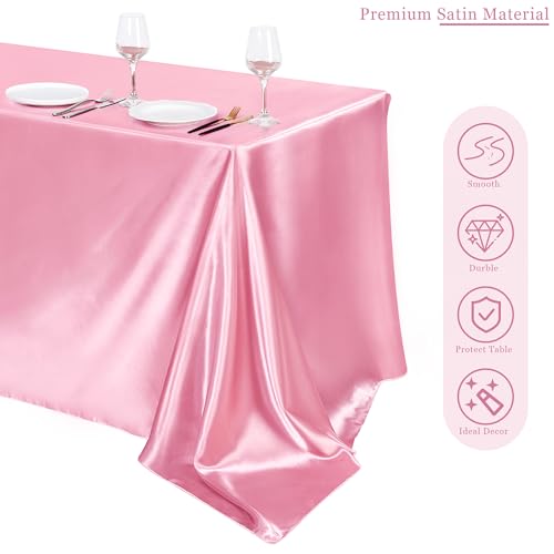 Image of TURSTIN 1 Pack Pink Satin Tablecloth 102 x 58 Inch Overlay Satin Table Cover Rectangle Bright Silk Tablecloth Smooth Fabric Table Decoration for Wedding Banquet Party Events