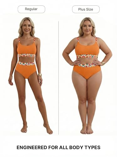 Image of Herseas Women's Textured Bikini Sets Floral Print Trim Scoop Neck Swimsuits High Waisted Bathing Suits