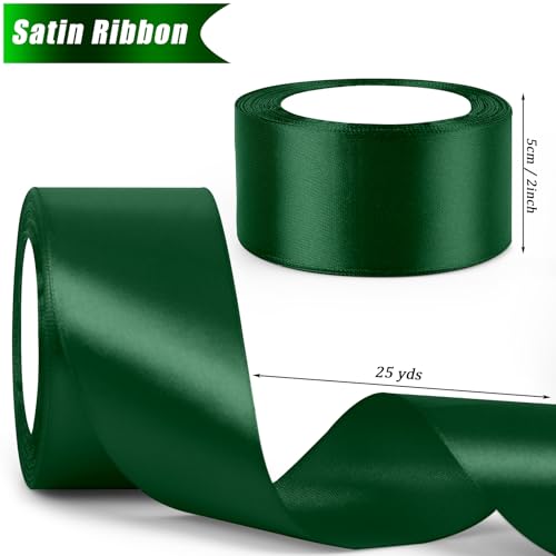 GXFCING Green Ribbon 50mm Wide, 46M Thick Green Satin Ribbon Christmas Ribbon for Gift Wrapping, Crafting, DIY Sewing, Hair Bows, Cake Box, Wedding, Car, Bouquets, Xmas Party Decoration