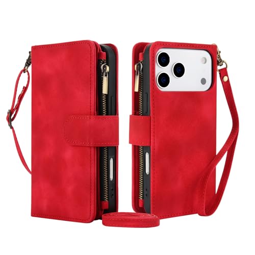 Étui en cuir pour iPhone 17 Pro Max rouge avec portefeuille à rabat