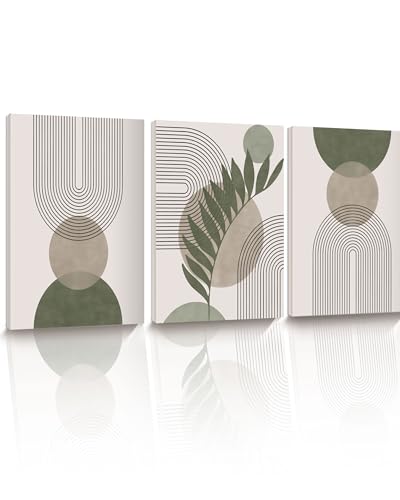 HesenDot Sage Green Boho Wall Art, 12x16in Framed Canvas Bathroom Wall Art Pictures, Mid-Century Modern Wood Framed Abstract Prints for Bedroom,Minimalist Office Wall Decor 3Pack