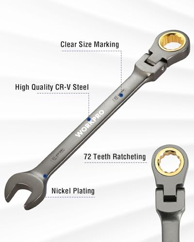 Image of WORKPRO 18 mm Flex-Head Ratcheting Combination Wrench, Nickel Plating | Cr-V Constructed, 72-Teeth, 12 Point Design, Metric, For Home Improvement, Auto Repairs, Plumbing, Constructions, Machinery