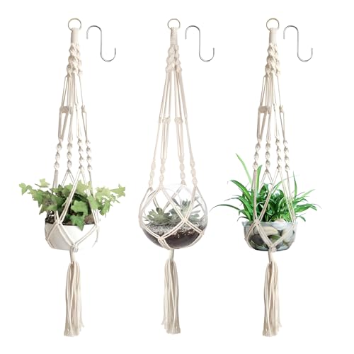 LUMOOM 3 vasi per fiori macramè, decorazione bohémien, in corda di cotone, da appendere all'interno, per piante, per interni, esterni, balconi, giardini, finestre