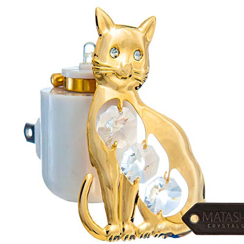 Matashi 24K Gold Plated Children's Kitty Cat Colorful LED Nightlight with Elegant Crystals - Hallway, Bedroom, Living Room Night Light