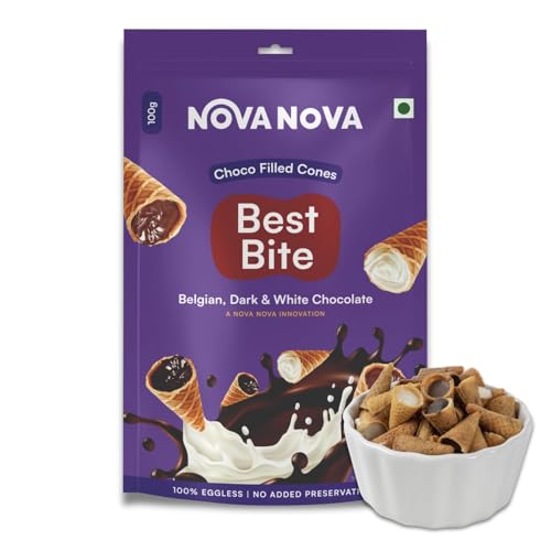Image of Nova Nova | Best Bites Choco Filled Cones | Classic Chocolate Flavours (Belgian, White & Dark Chocolate) - All in one pack (100g) | 100% Eggless