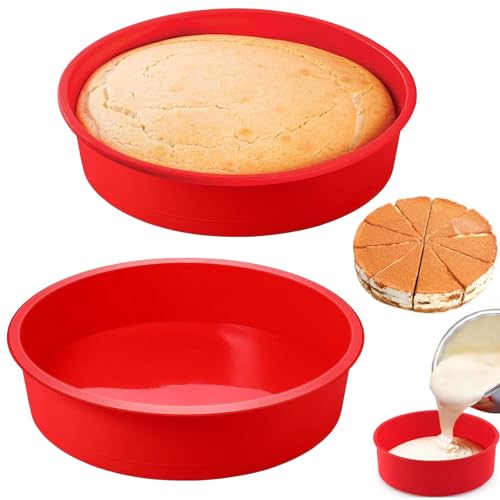 2pcs Reusable Round Cake Baking Tray, 20cm/8inch Silicone Cake Moulds for Air Fryer, Multi-Function Cake Tins Baking Pan, Non-Stick Silicone Bread Pan Set, Suitable for Cake, Bread, Pizza