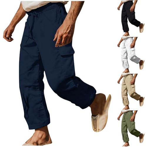 Cambkatl Men's Cotton Linen Cargo Pants Straight Leg Casual Drawstring Elastic Waist Lightweight Work Pants with Pockets2