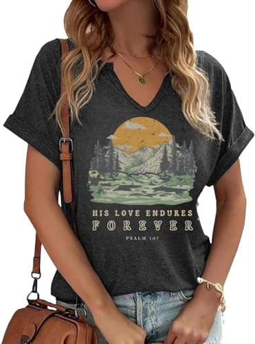 Women V Neck Christian Shirts Vintage Bible Verse Boho Floral Graphic Tees Christian Gifts for Her(XL,Dark grey2)