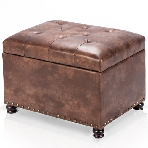 Image of Joveco Leather Storage Ottoman, 24 inch Rectangle Tufted Square Upholstered Bench, Foot Rest Stool with Wood Legs, Footstool for Living Room Bedroom, Coffee