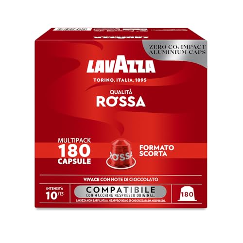 Lavazza, Calidad roja, 180 cápsulas de café de aluminio compatibles con cafeteras Nespresso* Original, con notas de chocolate y frutas secas, arábica y robusta, intensidad 10/13, tostado medio