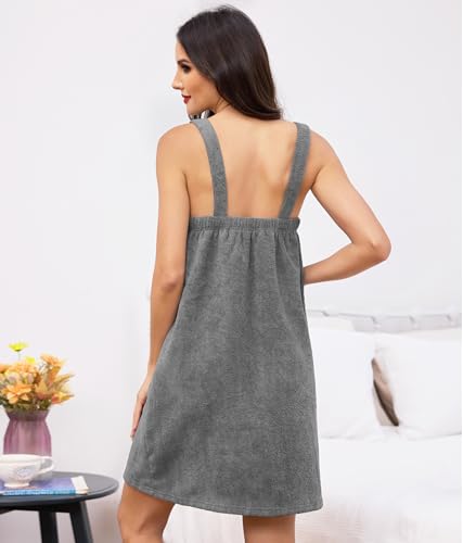 Lovasy Sauna Bademantel Damen Frottee Saunatuch Breite Schultergurte Saunakilt mit Taschen, Druckknopf und Gummizug,Dunkelgrau,XXL-3XL