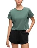 CRZ YOGA Pima Cotton Relaxed Crop T-Shirts for Women - Workout Athletic Gym Casual Short Sleeve Shirts Loose Crewneck Tops Graphite Green Medium