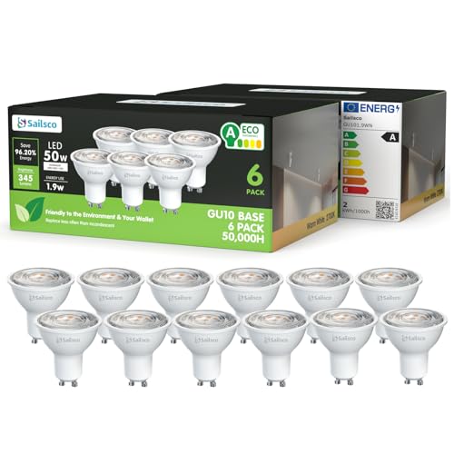 sailsco Classe A Ampoule GU10 LED Blanc Chaud Spot,1.9W équivalent 50W,345LM 2700K Ampoule LED GU10 Blanc Chaud,36° Angle Du Faisceau,Non-Dimmable,Lot de 12