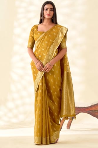Image of SWORNOF Gold-Toned Woven Design Silk Zari Tissue Saree | Saree for Women | Soft and Skin Friendly