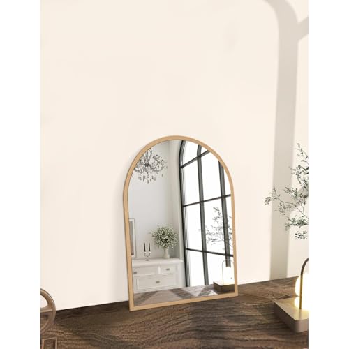 Image of Arched Bathroom Wall Mirror Aluminum Alloy Frame Hanging Vanity Mirror for Living Room Bedroom Entryway Vanity, Brushed Metal Framed Wall Mounted 16 inchx12 inch