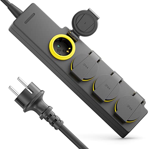deleyCON 4 Compartiments Extérieur Multiprise avec Câble de 10m pour Usage Extérieur 4X Prises de Contact de Protection IP44 Résistant aux Éclaboussures...