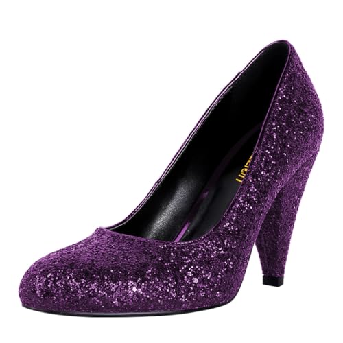 Pazzion Women's Glitter Sequins Closed Round Toe Pumps Chunky High Heels Slip On Ladies Shoes for Wedding Bridal Party Size 4-16 US