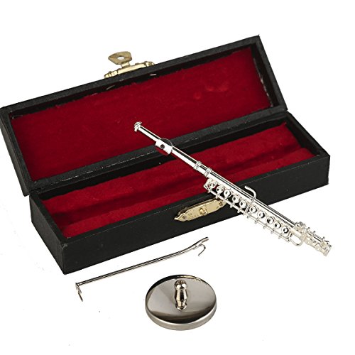 Dselvgvu Copper Miniature Flute with Stand and Case Mini Musical Instrument Miniature Dollhouse Model Mini Gold Flute Mini Silver Flute (Silver, 4.29")