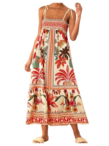 Image of WDIRARA Women's Boho Floral Sleeveless Ruffle Maxi Dress Tropical Graphic Tie Shoulder Smocked Cami Dresses