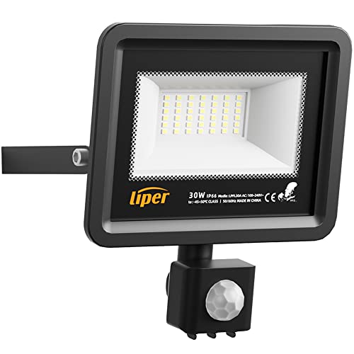 LIPER capteur infrarouge projecteur led exterieur detecteur de mouvement 30W, 3000LM, 6500K, IP66 led exterieur detecteur, Largement Utilisé Dans Les Garages, Les Jardins, Les Cours, etc…