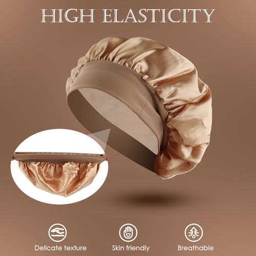 2 Pack Soft and Breathable Satin Bonnet Silk Bonnet, Elastic Wide Band Silk Bonnet Curly Hair Shower Cap Wide-Brimmed Chemo Caps for Sleeping Hair Care Nightcap Silk Hair Wrap - Thumbnail 3