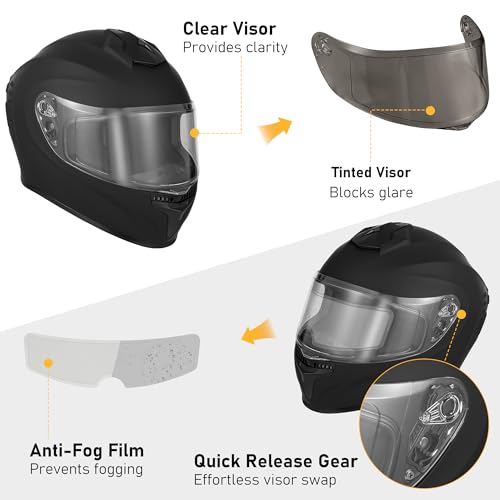 Image of Favoto Full Face Motorcycle Helmet DOT with Dual Visors | DOT Approved dual visor clear tinted, anti-fog, ABS shell for men women adult, street & off-road, matte black, size L 59-60cm