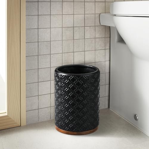 Bathroom Accessories Set 6 Pcs Toothbrush Holder Soap Dispenser Ceramic and Wood Bathroom Set with Trash Can Soap Dispenser Toothbrush Holder Tray Tumbler Soap Dish Black