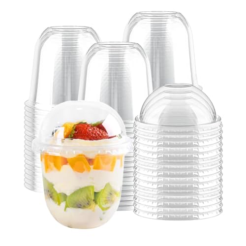 Selected Lot de 50 tasses à dessert rondes en plastique transparent avec couvercles en forme de dôme et cuillères - 360 ml - Réutilisables - Pour mariages,...