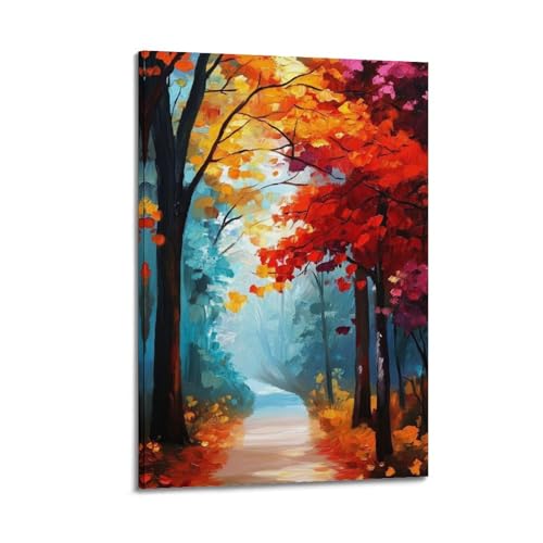 Tableau moderne art mural chemin de forêt d'automne coloré