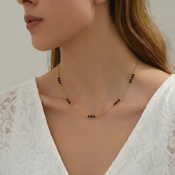 Harishree Enterprise Beautiful Daily Wear Artificial Golden Color Chain with Black Mani Clusters-image-43
