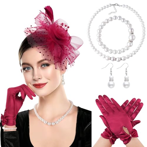 DRESHOW 1920s Vintage Fascinators Hat for Women Veil Mesh Tea Party Headpiece Feather Derby Hat Pearl Bow Satin Gloves Pearl Jewelry Set for Cocktail 1920s Party