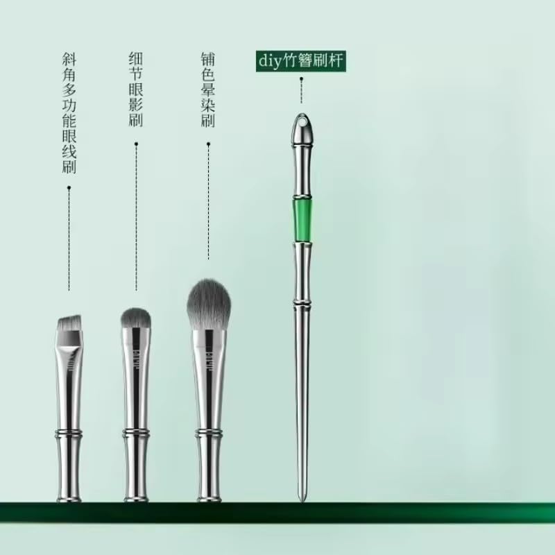 Lishu Bamboo Multi-Purpose Makeup Brush Travel Set, Detachable Eyeshadow Blush Foundation Brushes with Hairpin Design, Portable Mini Size Silver and Green, 4 Pieces
