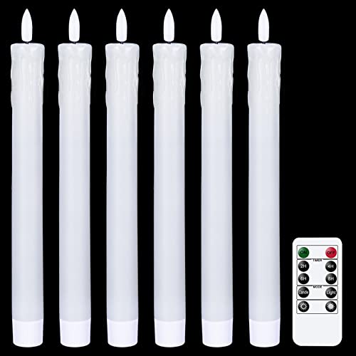 Image of GenSwin Drip Wax Flameless Taper Candles Flickering with 10-Key Remote, Battery Operated Led Warm 3D Wick Light Window Candles Real Wax Pack of 6, Christmas Home Wedding Decor(White, 0.78 X 9.64 Inch)