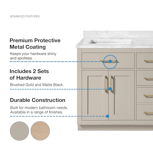 Image of OVE Decors Athea 60 in. Double Sink Freestanding Greige Bathroom Vanity with White Engineered Marble Top, Matching Backsplash, Power Bar and Brushed Gold Hardware